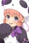  1girl :d animal_costume blush bow copyright_request fang gloves hand_up hat highres looking_at_viewer nishiuri open_mouth panda_costume paw_gloves paws pink_hair purple_bow purple_eyes simple_background smile solo white_background 