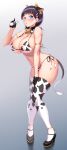  1girl :o absurdres animal_ears animal_print bangs bare_shoulders bell bell_collar bikini black_gloves black_hair blue_eyes blunt_bangs blush bottle breasts brown_hair cleavage collar collarbone commentary_request covered_nipples cow_ears cow_girl cow_horns cow_print cow_tail cowbell elbow_gloves fake_animal_ears fake_horns fake_tail from_side full_body gloves grey_background hair_ornament hairclip hand_on_own_thigh high_heels highres horns huge_breasts kawase_seiki kirigaya_suguha knees_together_feet_apart leaning_forward looking_at_viewer milk_bottle navel open_mouth print_legwear revision shoes short_hair side-tie_bikini simple_background skindentation solo swimsuit sword_art_online tail thighhighs 
