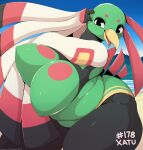  2020 anthro anthrofied avian beak big_breasts black_body black_eyes breasts clothed clothing curvy_figure day english_text female fingers green_body hi_res huge_breasts javanshir looking_at_viewer multicolored_body nintendo nipple_outline non-mammal_breasts one-piece_swimsuit open_beak open_mouth outside overweight overweight_anthro overweight_female pok&eacute;mon pok&eacute;mon_(species) pok&eacute;morph portrait red_body solo standing swimwear text thick_thighs three-quarter_portrait video_games voluptuous water white_body xatu yellow_body 