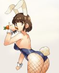  1girl animal_ears ass blue_leotard breasts brown_eyes brown_hair bunny_ears bunny_tail commentary cowboy_shot eating english_commentary fishnet_legwear fishnets food from_behind grey_background holding holding_food holding_vegetable leotard looking_at_viewer medium_breasts medium_hair original pantyhose playboy_bunny rabbit_girl simple_background solo tail vegetable vins-mousseux wrist_cuffs 