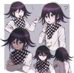  1boy :d ? bangs black_hair bojue_(hakus_1128) border checkered checkered_background checkered_neckwear checkered_scarf closed_eyes commentary_request crossed_arms danganronpa_(series) danganronpa_v3:_killing_harmony double-breasted flipped_hair from_behind frown grey_background grey_jacket hand_up highres jacket laughing long_sleeves looking_at_viewer male_focus multicolored_hair multiple_views open_mouth ouma_kokichi pale_skin purple_eyes purple_hair scarf shirt short_hair smile smug two-tone_hair upper_body upper_teeth white_border 