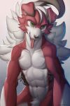  2:3 abs anthro canid canine crotch_tuft dreiker fangs fur gradient_background green_eyes hi_res looking_at_viewer lycanroc male mammal midnight_lycanroc navel nintendo open_mouth pok&eacute;mon pok&eacute;mon_(species) pubes red_body red_fur simple_background solo tongue tongue_out tuft video_games white_background white_body white_fur 