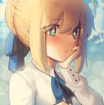  +_+ 1girl :t artoria_pendragon_(all) blonde_hair blue_neckwear blue_ribbon blush boa_(brianoa) closed_mouth fate/stay_night fate_(series) foodgasm green_eyes hair_bun hair_ribbon hand_up highres holding long_sleeves neck_ribbon ribbon romaji_commentary saber shirt solo twitter_username upper_body white_shirt 