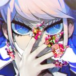  1girl alternate_color bangs blue_eyes blue_hair close-up commentary_request covering_mouth danganronpa:_trigger_happy_havoc danganronpa_(series) enoshima_junko face flower hand_over_own_mouth jewelry looking_at_viewer nabeshi_koyomi nail_art pale_skin pink_flower portrait ring short_hair simple_background smile solo sparkle tagme upper_body white_background 
