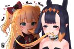  2girls akai_haato animal_ears bare_shoulders black_capelet black_hair blonde_hair blue_eyes blush bow capelet choker drooling eating eating_hair empty_eyes forehead green_eyes hair_bow hair_ornament hairclip heart highres hololive hololive_english long_hair mouth_hold multiple_girls ninomae_ina&#039;nis pointy_ears ribbon saliva simple_background tentacle_hair tentacles two_side_up upper_body virtual_youtuber voc white_background 
