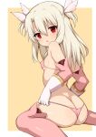  1girl ass bangs bare_shoulders bikini blush boots breasts elbow_gloves fate/kaleid_liner_prisma_illya fate_(series) feathers gloves hair_between_eyes hair_feathers illyasviel_von_einzbern layered_gloves long_hair looking_at_viewer looking_back micro_bikini pink_bikini pink_footwear pink_gloves prisma_illya red_eyes sidelocks sitting small_breasts swimsuit thigh_boots thighhighs toshishikisai two_side_up wariza white_gloves white_hair yellow_background 