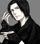  1boy adjusting_clothes adjusting_gloves black_eyes black_gloves black_hair character_request closed_mouth copyright_request fingerless_gloves frown gloves grey_background imanatsu male_focus pentagram simple_background sketch solo upper_body 