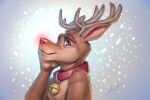  3:2 abstract_background anthro antlers bell bell_collar blue_eyes brown_body brown_fur capreoline cervid collar dreiker fur hand_on_face horn looking_at_viewer male mammal red_nose reindeer rudolph_the_red_nosed_reindeer signature solo 