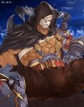  1boy abs ass bandages bara bare_pecs brown_pants bulge cloak covered_face draph gauntlets glowing glowing_eyes granblue_fantasy highres hood hooded_cloak horns looking_at_viewer male_focus mita_ran muscular muscular_male pants pectorals red_eyes reward_available solo spread_legs stomach thick_thighs thighs vaseraga 