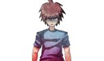  1boy ahoge brown_hair danganronpa:_trigger_happy_havoc danganronpa_(series) eyebrows feet_out_of_frame fullmoonrose7 gloom_(expression) hands_out_of_frame hospital_gown looking_at_viewer lowres naegi_makoto short_sleeves spiked_hair sweatdrop torso_only 