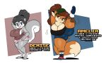  absurd_res amelia_(joaoppereiraus) anthro big_breasts black_hair blue_eyes breasts brown_eyes brown_hair canid canine cleavage clothed clothing denise_(joaoppereiraus) dipstick_ears dipstick_tail duo english_text female flexible footwear fox hair hi_res joaoppereiraus mammal multicolored_ears multicolored_tail one_leg_up raised_leg rodent sciurid shoes splits spread_legs spreading standing text thick_thighs vertical_splits 