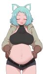  1girl animal_ears belt black_belt blue_hair blush breasts brown_gloves cat_ears closed_eyes closed_mouth facing_viewer fang gloves grey_jacket grey_shorts hands_on_hips highres jacket large_breasts navel open_clothes open_jacket open_mouth original pregnant short_shorts shorts simple_background solo standing stomach sumiyao_(amam) white_background 
