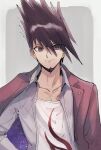  1boy bangs bojue_(hakus_1128) closed_mouth collarbone collared_shirt danganronpa_(series) danganronpa_v3:_killing_harmony facial_hair goatee grey_background grey_shirt hair_between_eyes highres jacket long_sleeves looking_at_viewer male_focus momota_kaito open_clothes open_jacket open_shirt pink_jacket print_shirt shiny shiny_hair shirt sketch smile solo space_print spiked_hair starry_sky_print upper_body white_background white_shirt 