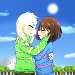  1:1 ambiguous_gender asriel_dreemurr blush bovid caprine clothed clothing duo eyes_closed goat holding_head human janineuy09_(artist) male mammal mcmania332 monster protagonist_(undertale) sky sun undertale video_games young 