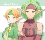  2girls arm_tattoo bare_shoulders braid breasts character_name collarbone commentary_request covered_collarbone crossed_arms detached_sleeves elf gensou_suikoden gensou_suikoden_iv green_capelet green_eyes green_hair green_headband green_shirt ham_pon headband light_smile medium_breasts multiple_girls notched_ear orange_hair paula_(suikoden) pointy_ears purple_headband purple_shirt purple_sleeves red_eyes selma shirt short_hair side_braid tattoo 