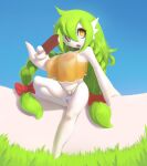  accessory areola braided_hair camel_toe clothing female food gardevoir grass green_hair hair hair_accessory hair_bow hair_ribbon hi_res holding_food holding_object humanoid nintendo nipples not_furry open_mouth plant plantpenetrator pok&eacute;mon pok&eacute;mon_(species) popsicle raised_leg ribbons solo string_panties translucent translucent_clothing video_games yellow_eyes 