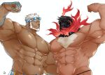  2boys abs aegir_(tokyo_houkago_summoners) anchor_earrings aqua_hair bara beard biceps blue_eyes body_hair chest_hair commission dark_skin dark_skinned_male earrings eye_contact facial_hair fins fire flexing glowing glowing_eyes groin helmet highres jewelry looking_at_another male_focus male_swimwear multicolored_hair multiple_boys muscular muscular_male navel no_nipples p2yong pectorals pose short_hair single_earring streaked_hair surtr_(tokyo_houkago_summoners) swim_briefs swimwear tokyo_houkago_summoners underwear underwear_only upper_body veins white_background white_hair 