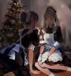  2girls alternate_costume blurry blurry_background blush brown_eyes brown_hair cake candle christmas closed_mouth dress earrings enmaided food fruit gloves heart heart_earrings highres holding holding_plate jewelry long_hair maid maid_headdress multiple_girls open_mouth original pinafore_dress plate purple_eyes purple_hair red_neckwear sketch sleeves_rolled_up smile socks soungruan_mian_mao strawberry white_legwear white_sleeves 