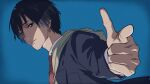  1boy bangs black_hair blazer blue_background blue_jacket brown_eyes collared_shirt commentary dutch_angle finger_gun glitch hair_between_eyes highres hood hood_down hoodie inuyashiki jacket long_sleeves looking_at_viewer male_focus necktie outstretched_arm parted_lips pointing pointing_at_viewer red_neckwear sayshownen school_uniform shadow shirt shishigami_hiro short_hair simple_background smile solo upper_body white_shirt 
