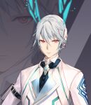  1boy animal_ears blue_neckwear closed_mouth cropped fake_animal_ears grey_hair hair_between_eyes male_focus mt_(ringofive) necktie neckwear pouch red_eyes solo white_rabbit_(your_name_is_alice) your_name_is_alice zoom_layer 