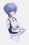  1girl ayanami_rei bangs blue_hair bodysuit breasts character_name commentary_request eyebrows_visible_through_hair from_side gloves hair_between_eyes hair_ornament hands_together highres interface_headset itou_(very_ito) looking_at_viewer neon_genesis_evangelion parted_lips plugsuit red_eyes short_hair simple_background small_breasts solo turtleneck upper_body white_background white_bodysuit white_gloves 