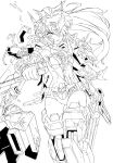  1girl commentary_request gloves greyscale headgear high_ponytail highres holding holding_sword holding_weapon kumichou_(ef65-1118-ef81-95) lineart long_hair looking_at_viewer mecha_musume mechanical_legs monochrome original shattered sheath solo sword thighs torn_clothes vambraces weapon white_background 