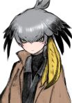  1girl bangs black_sweater closed_mouth eyebrows_visible_through_hair feathers grey_hair hair_between_eyes hair_feathers hair_ornament ise_(0425) jacket kemono_friends long_sleeves medium_hair shirt shoebill_(kemono_friends) solo sweater white_background wings yellow_eyes 