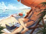  1boy abs arms_behind_head bare_pecs beach bird black_hair brown_eyes bulge cocktail_glass cup day diving_mask diving_mask_on_head drinking_glass facial_mark food fruit highres itadori_yuuji jujutsu_kaisen male_focus male_swimwear mo_si_(z1216150815) nipples outdoors pectorals pigeon pink_hair short_hair solo spiked_hair stomach swim_briefs swimwear toned toned_male umbrella undercut watermelon wet 