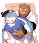  2021 anthro baseball_uniform blue_body blue_fur blush bottomwear bulge canid canine canis clothing domestic_dog duo fur hat headgear headwear hi_res hug hugging_from_behind humanoid_hands japanese_text kemono kuroamekemo male male/male mammal musclegut pants sportswear suid suina sus_(pig) text uniform wild_boar 