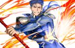  1boy 9sui abs armor beads blue_hair bodysuit closed_mouth cu_chulainn_(fate)_(all) earrings fang fate/stay_night fate_(series) gae_bolg hair_beads hair_ornament holding holding_polearm holding_weapon jewelry lancer long_hair male_focus muscular pauldrons polearm ponytail red_eyes shoulder_armor simple_background skin_tight solo spiked_hair type-moon weapon white_background 