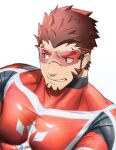  1boy akashi_(live_a_hero) bara bodysuit close-up face facial_hair goatee highres live_a_hero male_focus muscular muscular_male pectorals red_bodysuit red_eyes red_hair short_hair sideburns skin_tight solo thick_eyebrows tokuninai_hito 