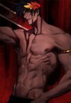  1boy abs armlet black_hair black_sclera blood blood_on_face colored_sclera diaodiao green_eyes hades_(game) head_tilt heterochromia laurel_crown looking_at_viewer male_focus mismatched_sclera muscular muscular_male nipples over_shoulder pectorals red_eyes shirtless short_hair single_bare_shoulder skull solo weapon weapon_over_shoulder zagreus_(hades) 