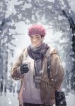  1boy alternate_costume beige_jacket black_hair black_scarf breath brown_eyes cup disposable_cup facial_mark highres hood hooded_jacket itadori_yuuji jacket jujutsu_kaisen looking_at_viewer male_focus mo_si_(z1216150815) pink_hair scarf short_hair snowing solo spiked_hair sweater textless undercut upper_body white_sweater winter_clothes 