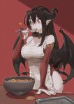  1girl apron baking_sheet black_hair black_horns bowl breasts bridal_gauntlets chocolate_chip_cookie choker cookie cowboy_shot demon_girl demon_horns demon_tail demon_wings eating elbow_gloves food gloves hand_up heart highres horns jun_(seojh1029) large_breasts long_hair original pink_nails pointy_ears red_background red_eyes shadow signature solo spoon table tail white_apron wings 