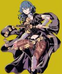  1girl aiu_eo11 armor black_shorts blue_eyes blue_hair byleth_(fire_emblem) byleth_(fire_emblem)_(female) clothing_cutout fire_emblem fire_emblem:_three_houses holding holding_sword holding_weapon navel_cutout pantyhose shorts simple_background solo sword sword_of_the_creator twitter_username weapon yellow_background 