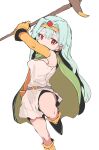  1girl arm_up bare_shoulders belt black_footwear cape circlet ddari dragon_quest dragon_quest_iii elbow_gloves gloves green_cape green_hair hair_between_eyes highres holding holding_staff light_green_hair long_hair orange_gloves red_eyes sage_(dq3) simple_background solo staff white_background 