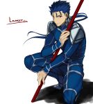  1boy armor beads blue_hair bodysuit closed_mouth cu_chulainn_(fate)_(all) earrings fate/stay_night fate_(series) floating_hair gae_bolg grin hair_beads hair_ornament holding holding_polearm holding_weapon jam8686 jewelry lancer long_hair male_focus pauldrons polearm ponytail red_eyes shoulder_armor simple_background skin_tight smile solo spiked_hair squatting type-moon weapon white_background 