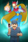  1boy arm_hair blue_eyes brown_hair cape english_commentary facial_hair fire flaming_hand guilhermerm hat highres janitor male_focus mario mario_(series) parody persona persona_4 smoke solo tarot the_sun_(tarot) 