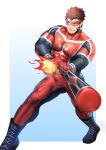  1boy absurdres akashi_(live_a_hero) ass_visible_through_thighs bara baseball baseball_bat biceps bodysuit bulge covered_abs facial_hair foreshortening full_body goatee highres legs_apart live_a_hero male_focus muscular muscular_male pectorals red_bodysuit red_eyes red_hair short_hair sideburns skin_tight solo thick_eyebrows thick_thighs thighs tokuninai_hito 