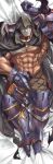  1boy abs bandages bara bare_pecs brown_pants bulge cloak covered_face dakimakura_(medium) dokichi_(maoh_isgod) draph full_body gauntlets glowing glowing_eyes granblue_fantasy highres hood hooded_cloak horns looking_at_viewer lying male_focus male_pubic_hair muscular muscular_male on_back on_bed pants pants_pull pectorals pubic_hair red_eyes solo stomach thick_thighs thighs undressing vaseraga veins 