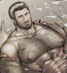  1boy abs bara beard body_hair chest_hair facial_hair greyscale guided_pectoral_grab hairy highres looking_at_viewer male_focus monochrome muscular muscular_male nipples on_bed open_clothes open_shirt original pectoral_focus pectorals short_hair smile solo_focus tarowo upper_body 