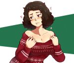  1girl blush breasts brown_hair chief_(91m10) christmas christmas_sweater cleavage closed_mouth green_background heart kawakami_sadayo large_breasts long_sleeves looking_to_the_side persona persona_5 red_sweater short_hair snowflakes sweater two-tone_background 