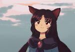  1girl animal_ears bangs blue_shirt blush_stickers brooch brown_hair closed_mouth cloud cloudy_sky eyebrows_behind_hair imaizumi_kagerou jewelry long_hair looking_ahead parted_bangs red_eyes shirt sky smile solo street_dog touhou twilight upper_body wolf_ears zun_(style) 
