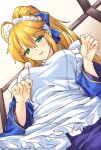  1girl ahoge alternate_costume apron artoria_pendragon_(all) blonde_hair breasts commentary_request fate_(series) green_eyes high_ponytail large_breasts looking_at_viewer maid_apron maid_headdress mimikaki shirokuma_a sidelocks smile solo wa_maid 