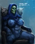  abs big_breasts blue_nipples breasts crossgender dialogue english_text female fingers genitals humanoid mtf_crossgender muscular muscular_female muscular_humanoid neurodyne nipples not_furry nude pussy sitting skeletor solo spread_legs spreading text 