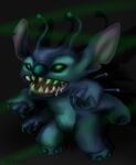  2019 4_arms 4_fingers 4_toes alien antennae_(anatomy) back_spines blue_body blue_claws blue_fur blue_nose bodily_fluids claws disney experiment_(lilo_and_stitch) feet fingers fur green_eyes grey_background hi_res kasiel lilo_and_stitch multi_arm multi_limb notched_ear open_mouth saliva sharp_teeth simple_background solo standing stitch_(lilo_and_stitch) teeth toes 