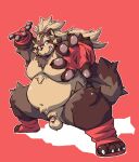  anthro balls belly canid canine clothing fingerless_gloves genitals gloves goemon_(tas) grin hair handwear long_hair male mammal moobs nipples nude overweight overweight_anthro overweight_male pawpads penis ponytail raccoon_dog smile solo takagi_kyou tanuki tokyo_afterschool_summoners video_games 