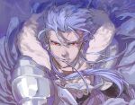  1boy angry armor blue_hair capelet close-up closed_mouth cu_chulainn_(fate)_(all) cu_chulainn_(fate/grand_order) earrings fate/grand_order fate_(series) floating_hair fur-trimmed_hood fur_trim hood hood_down hooded_capelet hoop_earrings iz_izhara jewelry long_hair male_focus multiple_earrings pauldrons red_eyes shoulder_armor solo spiked_hair type-moon 