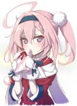  1girl absurdres ahoge akazawa_red azur_lane christmas coat fur-trimmed_coat fur-trimmed_mittens fur-trimmed_shirt fur_trim gift hair_pom_pom hairband highres holding holding_gift long_hair looking_at_viewer mittens pink_hair purple_eyes red_coat santa_costume saratoga_(azur_lane) saratoga_(silent_night_songstress)_(azur_lane) shirt solo twintails white_mittens winter_clothes winter_coat 