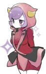  1girl breasts chorimokki courtney_(pokemon) fake_horns hood hoodie horned_headwear horns pokemon pokemon_(game) pokemon_oras purple_eyes purple_hair ribbed_sweater short_hair simple_background solo sweater team_magma team_magma_uniform uniform 